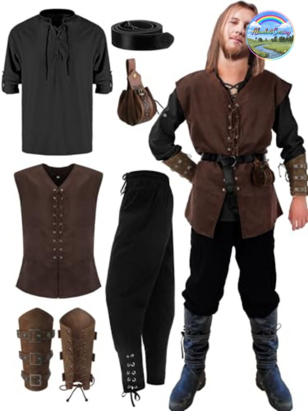 Men Renaissance Medieval Costume 6 Pc Viking Knight Cosplay Set